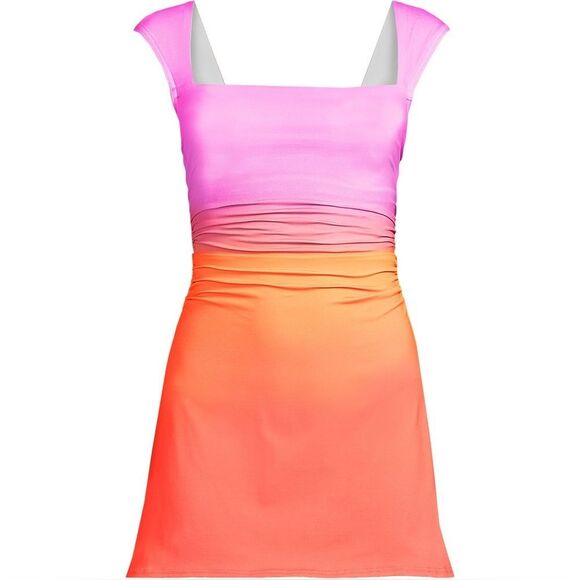 Land's End Plus Smoothing Square Neck Ruched 1 piece Swimsuit Sunset Orange Var - Picture 1 of 6